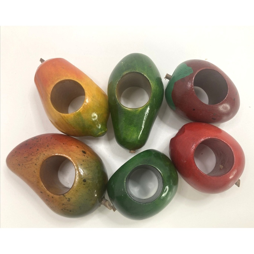 Vtg Set Of 6 Wooden Fruit Napkin Rings Hand Painted Apple Avocado Mango Etc - Picture 2 of 8